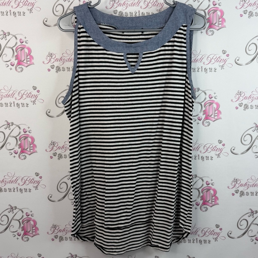 Tank top denim look detail trim Striped Sleeveless Top - Black and White